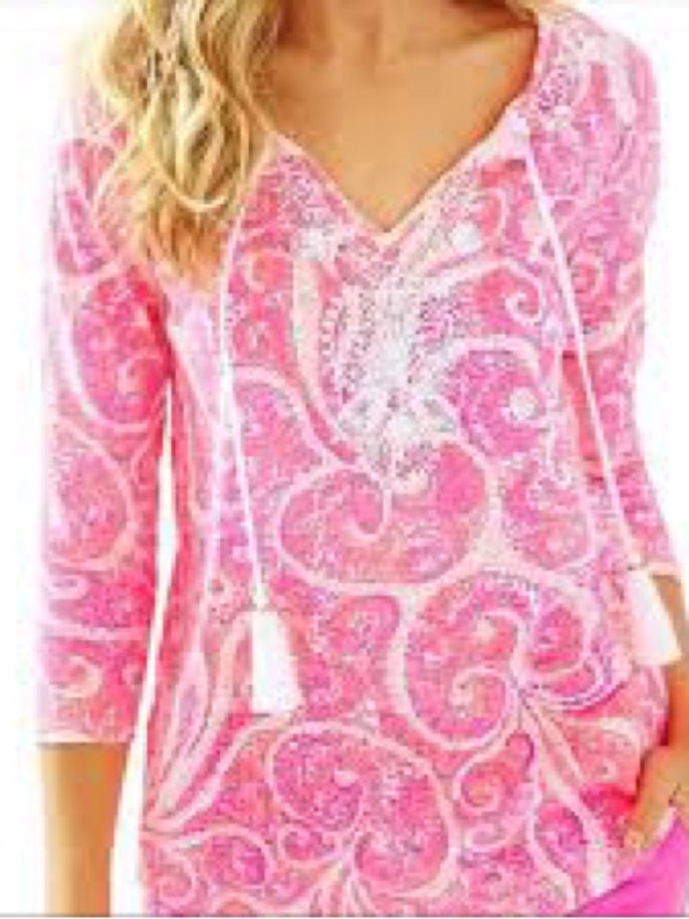 Lilly Pulitzer Holly Top Blouse Womens Large Pink Pout Excellent Paisley Tassel